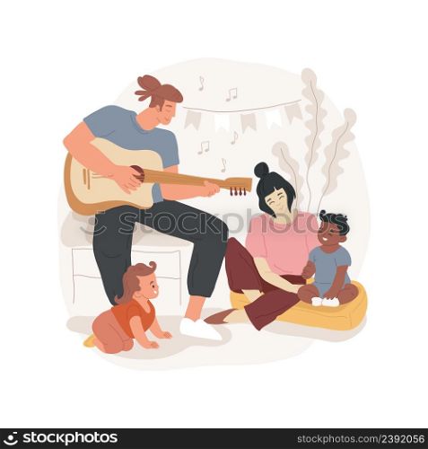 Listen to music isolated cartoon vector illustration Infant listens to music, adult sings and plays instrument for baby, mental skills development, daycare center, child care vector cartoon.. Listen to music isolated cartoon vector illustration