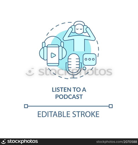 Listen to podcast turquoise concept icon. Enjoying radio show in morning abstract idea thin line illustration. Isolated outline drawing. Editable stroke. Roboto-Medium, Myriad Pro-Bold fonts used. Listen to podcast turquoise concept icon