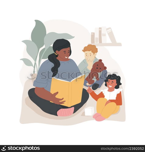 Listen to reading aloud isolated cartoon vector illustration Child listens to adult reading book, reading for infant, cognitive skills development, daycare center, child care vector cartoon.. Listen to reading aloud isolated cartoon vector illustration