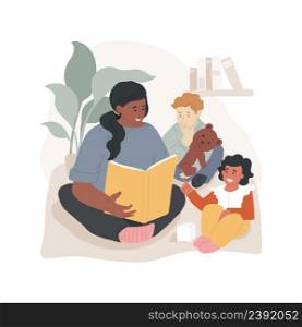 Listen to reading aloud isolated cartoon vector illustration Child listens to adult reading book, reading for infant, cognitive skills development, daycare center, child care vector cartoon.. Listen to reading aloud isolated cartoon vector illustration