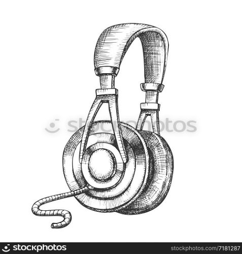 Listening Audio Device Cable Headphones Ink Vector. Electronic Gadget Headphones With Cord For Listen Instrumental Music. Stereo Earphone For Philarmonic Hand Drawn In Vintage Style Illustration. Listening Audio Device Cable Headphones Ink Vector