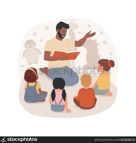 Listening to an adult isolated cartoon vector illustration. Children sit in a circle, kids group listen to teacher, early education, autism child care center, behavior therapy vector cartoon.. Listening to an adult isolated cartoon vector illustration.