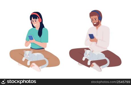 Listening to music with cat on lap semi flat color vector character set. Sitting figures. Full body people on white. Simple cartoon style illustration for web graphic design and animation. Listening to music with cat on lap semi flat color vector character set