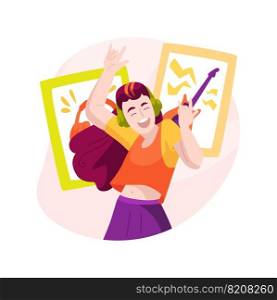 Listening to rock music isolated cartoon vector illustration. Teenage girl listening to music with pleasure, rock music posters at home, girl in headphones portrait vector cartoon.. Listening to rock music isolated cartoon vector illustration.