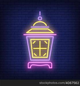 Lit up lamp neon sign. Bright garden lantern on dark brick wall background. Night bright advertisement. Vector illustration in neon style for religious festival or traditional holiday