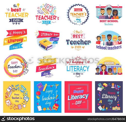 Literacy and Teachers Day Isolated Stickers Set. Literacy and teachers day stickers set with big signs, books in hardcover, male and female characters and stationery supplies vector illustrations.