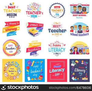 Literacy and Teachers Day Isolated Stickers Set. Literacy and teachers day stickers set with big signs, books in hardcover, male and female characters and stationery supplies vector illustrations.
