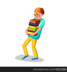 Literacy Boy Student Carries Bunch Of Books Vector. Smiling Happy Literacy Teenager Carrying Education And Reading Literature. Character Pupil With Study Library Flat Cartoon Illustration. Literacy Boy Student Carries Bunch Of Books Vector