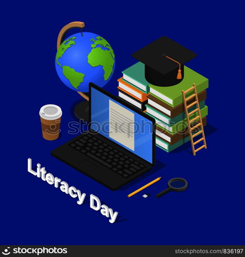 Literacy Day book international library banner concept. Isometric illustration of Literacy Day book international library vector banner for web. Literacy Day book banner concept, isometric style