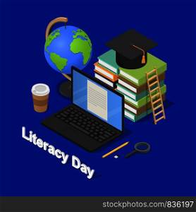 Literacy Day book international library banner concept. Isometric illustration of Literacy Day book international library vector banner for web. Literacy Day book banner concept, isometric style