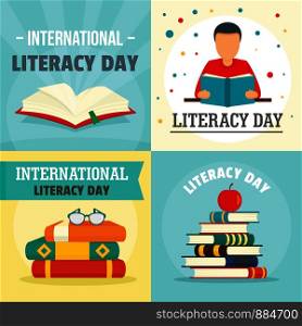 Literacy Day book international library banner concept set. Flat illustration of 4 Literacy Day book international library vector banner concepts for web. Literacy Day book banner concept set, flat style