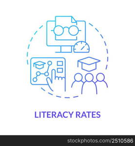 Literacy rates blue gradient concept icon. International cooperation. Measure of human development abstract idea thin line illustration. Isolated outline drawing. Myriad Pro-Bold font used. Literacy rates blue gradient concept icon