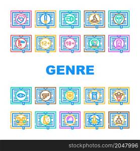 Literary Genre Categories Classes Icons Set Vector. Fantasy And Science Fiction, Action Adventure And Paranormal, Crime And Magic Literary Genre Line. Literature Color Illustrations. Literary Genre Categories Classes Icons Set Vector