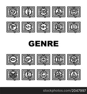 Literary Genre Categories Classes Icons Set Vector. Fantasy And Science Fiction, Action Adventure And Paranormal, Crime And Magic Literary Genre Black Contour Illustrations. Literary Genre Categories Classes Icons Set Vector