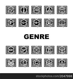 Literary Genre Categories Classes Icons Set Vector. Fantasy And Science Fiction, Action Adventure And Paranormal, Crime And Magic Literary Genre Glyph Pictograms Black Illustrations. Literary Genre Categories Classes Icons Set Vector