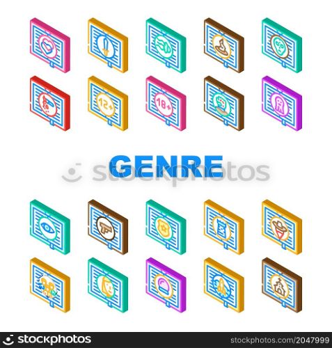 Literary Genre Categories Classes Icons Set Vector. Fantasy And Science Fiction, Action Adventure And Paranormal, Crime And Magic Literary Genre Isometric Sign Color Illustrations. Literary Genre Categories Classes Icons Set Vector