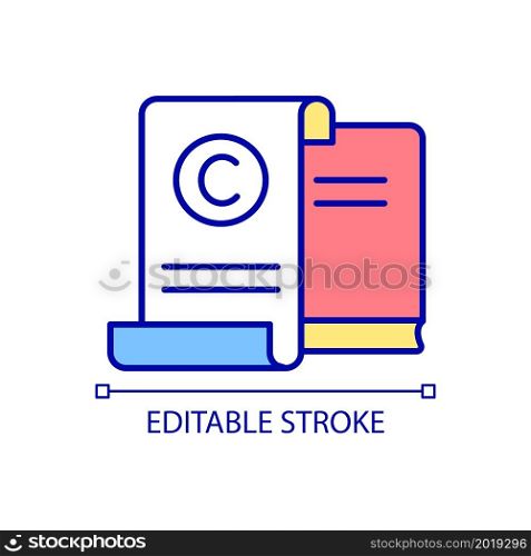 Literary works protection RGB color icon. Intellectual property law. Original work protection. Written material. Isolated vector illustration. Simple filled line drawing. Editable stroke. Literary works protection RGB color icon