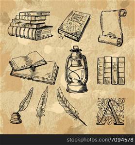 Literature concept pictures. Vintage hand drawings books and different tools for writers. Literature book sketch, hand drawing literary and feather pen with inkwell. Vector illustration. Literature concept pictures. Vintage hand drawings books and different tools for writers