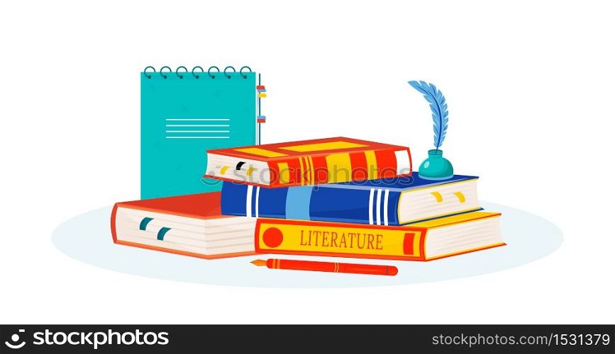 Literature flat concept vector illustration. Books reading. Creative writing. School subject. Storytelling study metaphor. Textbooks stack, notepad and inkwell 2D cartoon objects. Literature flat concept vector illustration