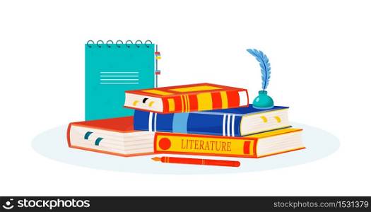 Literature flat concept vector illustration. Books reading. Creative writing. School subject. Storytelling study metaphor. Textbooks stack, notepad and inkwell 2D cartoon objects. Literature flat concept vector illustration