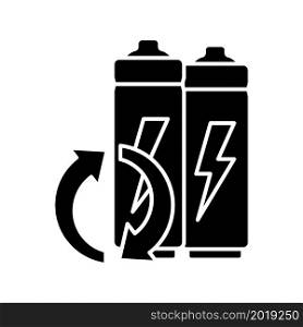 Lithium-ion battery recycling black glyph icon. Electronic waste disposal. Discharged accumulator reuse. Environment protection. Silhouette symbol on white space. Vector isolated illustration. Lithium-ion battery recycling black glyph icon
