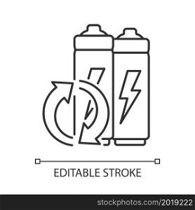 Lithium-ion battery recycling linear icon. Electronic waste disposal. Old accumulator reuse. Thin line customizable illustration. Contour symbol. Vector isolated outline drawing. Editable stroke. Lithium-ion battery recycling linear icon