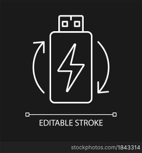 Lithium ion battery white linear manual label icon for dark theme. Thin line customizable illustration. Isolated vector contour symbol for night mode for product use instructions. Editable stroke. Lithium ion battery white linear manual label icon for dark theme