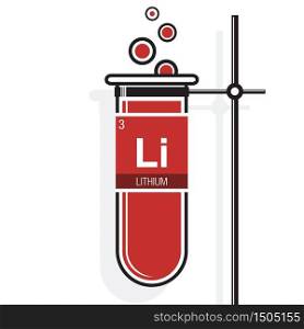 Lithium symbol on label in a red test tube with holder. Element number 3 of the Periodic Table of the Elements - Chemistry
