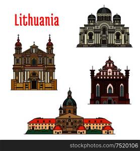 Lithuania famous architecture. Vector detailed icons of Kaunas Cathedral Basilica, Church of St. Michael Archangel, St. Francis and St. Bernard, St. Peter and St. Paul. Historic landmarks, sightseeings for souvenir decoration elements. Lithuania famous architecture icons