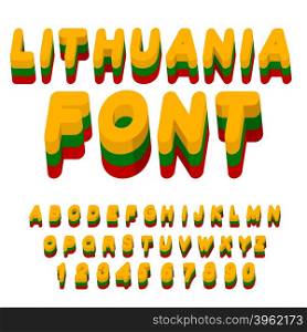 Lithuania font. Lithuanian flag on letters. National Patriotic alphabet. 3d letter. State color symbolism European state&#xA;