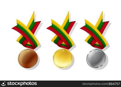 Lithuanian medals in gold, silver and bronze with national flag. Isolated vector objects over white background
