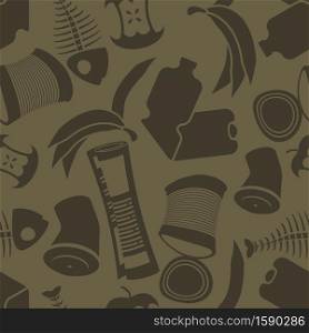 litter background. Rubbish seamless pattern. Garbage texture. trash ornament. peel from banana and stub. Tin and old newspaper. Bone and packaging. Crumpled paper and plastic bottle