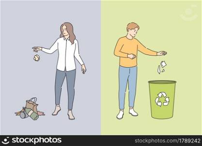 Littering behaviour and sustainable lifestyle concept. Infographic examples of correct and wrong examples of throwing out garbage to trash and grass vector illustration . Littering behaviour and sustainable lifestyle concept