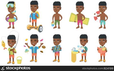 Little african-american boy set. Boy riding on self-balancing electric scooter, holding pail and shovel, inflatable mattress, lifebuoy. Set of vector cartoon illustrations isolated on white background. Little african boy vector illustrations set.