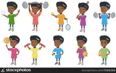 Little african-american girl set. Girl spinning a basketball ball on his finger, exercising with dumbbells, holding football ball. Set of vector cartoon illustrations isolated on white background.. Little african girl vector illustrations set.