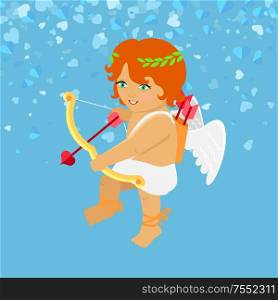 Little angel with white wings, festive card. Valentines Day Cupid aiming with bow, heart with arrow. Cartoon character boy isolated on blue vector. Little Angle with White Wings, Festive Card Vector