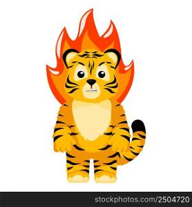 Little angry Tiger character isolated. Irritated cub cartoon striped tiger with fire. Vector design for print, children decor, book illustration. Funny animals sticker for showing emotion.. Little angry Tiger character isolated. Irritated cub cartoon striped tiger with fire.