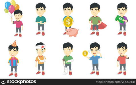 Little asian boy set. Boy holding balloons, gift box, having stomach ache, wearing superhero costume, brushing his teeth. Set of vector sketch cartoon illustrations isolated on white background.. Little asian boy vector illustrations set.