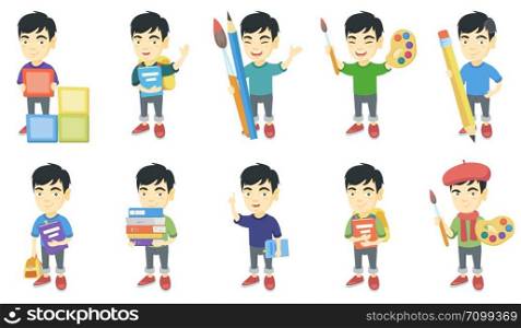 Little asian boy set. Boy playing with building cubes, holding pile of textbooks, backpack, palette with watercolors, pencil. Set of vector sketch cartoon illustrations isolated on white background.. Little asian boy vector illustrations set.
