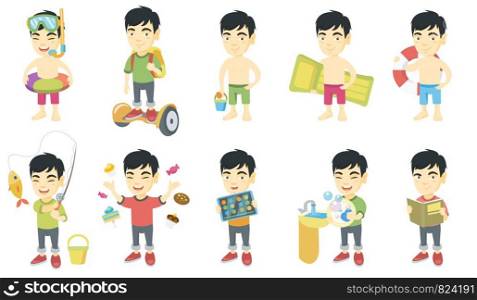 Little asian boy set. Boy riding on self-balancing electric scooter, holding pail and shovel, inflatable mattress, lifebuoy. Set of vector sketch cartoon illustrations isolated on white background.. Little asian boy vector illustrations set.