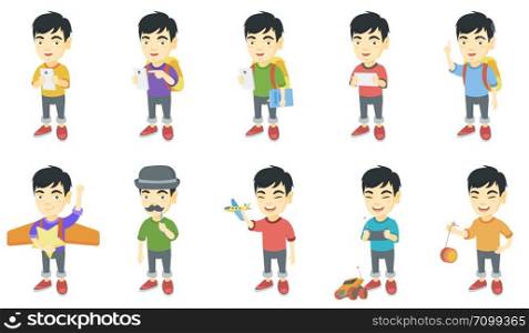 Little asian boy set. Boy using a smartphone, pointing finger up, playing with toy airplane, radio-controlled car, yo-yo. Set of vector sketch cartoon illustrations isolated on white background.. Little asian boy vector illustrations set.