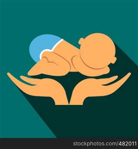 Little baby in mother hands flat icon on a blue background. Little baby in mother hands flat icon