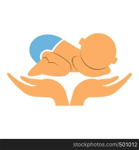 Little baby in mother hands icon in flat style isolated on white background. Little baby in mother hands icon