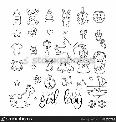 Little baby set. Toy for child. Children&rsquo;s store. Decor of postcard. Sketch. Vector doodle illustration. Hand drawn icon.