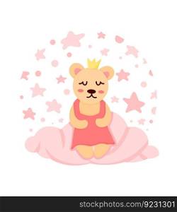 Little bear princess character sitting on the pink cloud baby room wall decor poster concept girl child