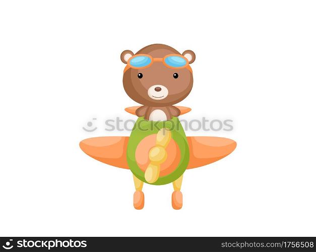 Little bear wearing aviator goggles flying an airplane. Funny baby character flying on plane for greeting card, baby shower, birthday invitation, house interior. Isolated cartoon vector illustration