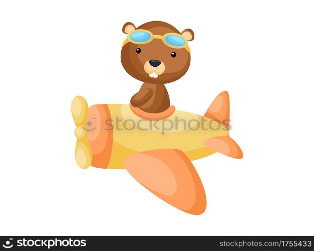 Little beaver wearing aviator goggles flying an airplane. Funny baby character flying on plane for greeting card, baby shower, birthday invitation, house interior. Isolated cartoon vector illustration
