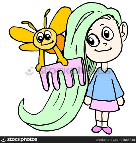 little bee combing the hair of a girl. cartoon illustration sticker mascot emoticon