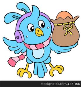 little bird listening to headphones music carrying containers of easter egg
