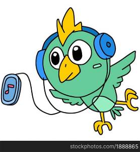 little birds fly while listening to music from electronic devices. cartoon illustration sticker mascot emoticon